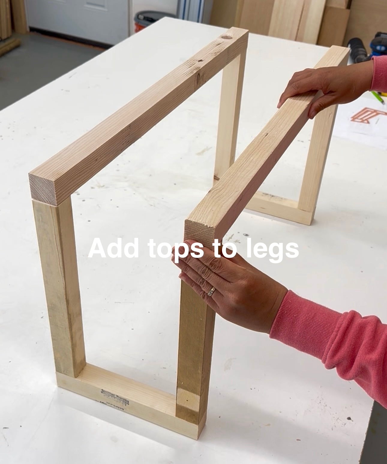 Attaching the upper rails to the legs of the double 2x2 shoe rack